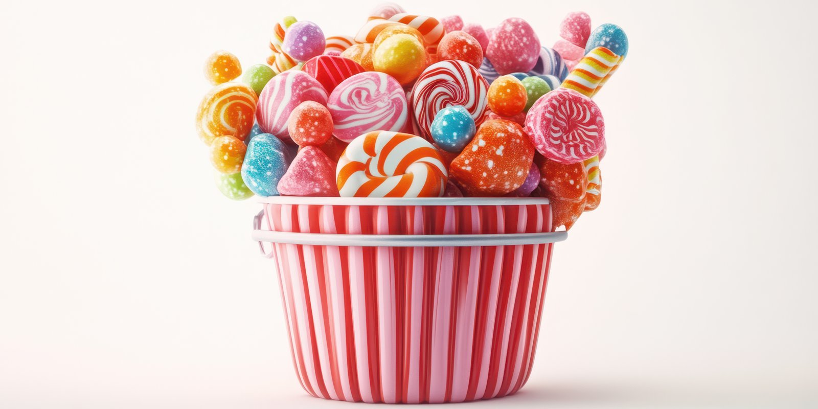 Colorful assortment of candies in a red and white striped bucket, a sweet delight for all ages